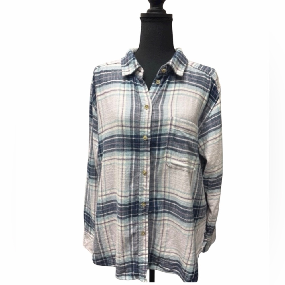 American Eagle Outfitters Blue and White Plaid Button-Down Shirt
